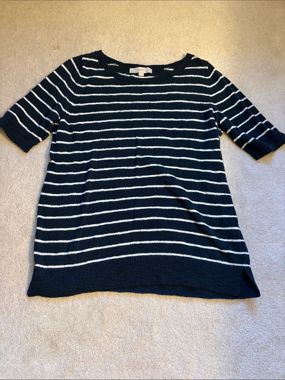 LOFT Navy and White Striped Short-Sleeve Sweater Top